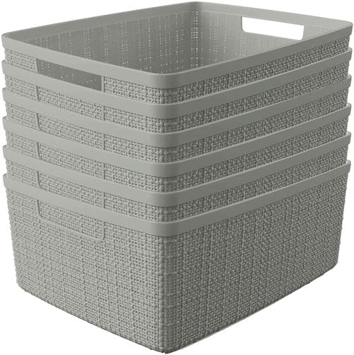 Curver Jute Decorative Storage Baskets - Set of 6 Medium 12L Bins for Home, Office & Kitchen | Grey
