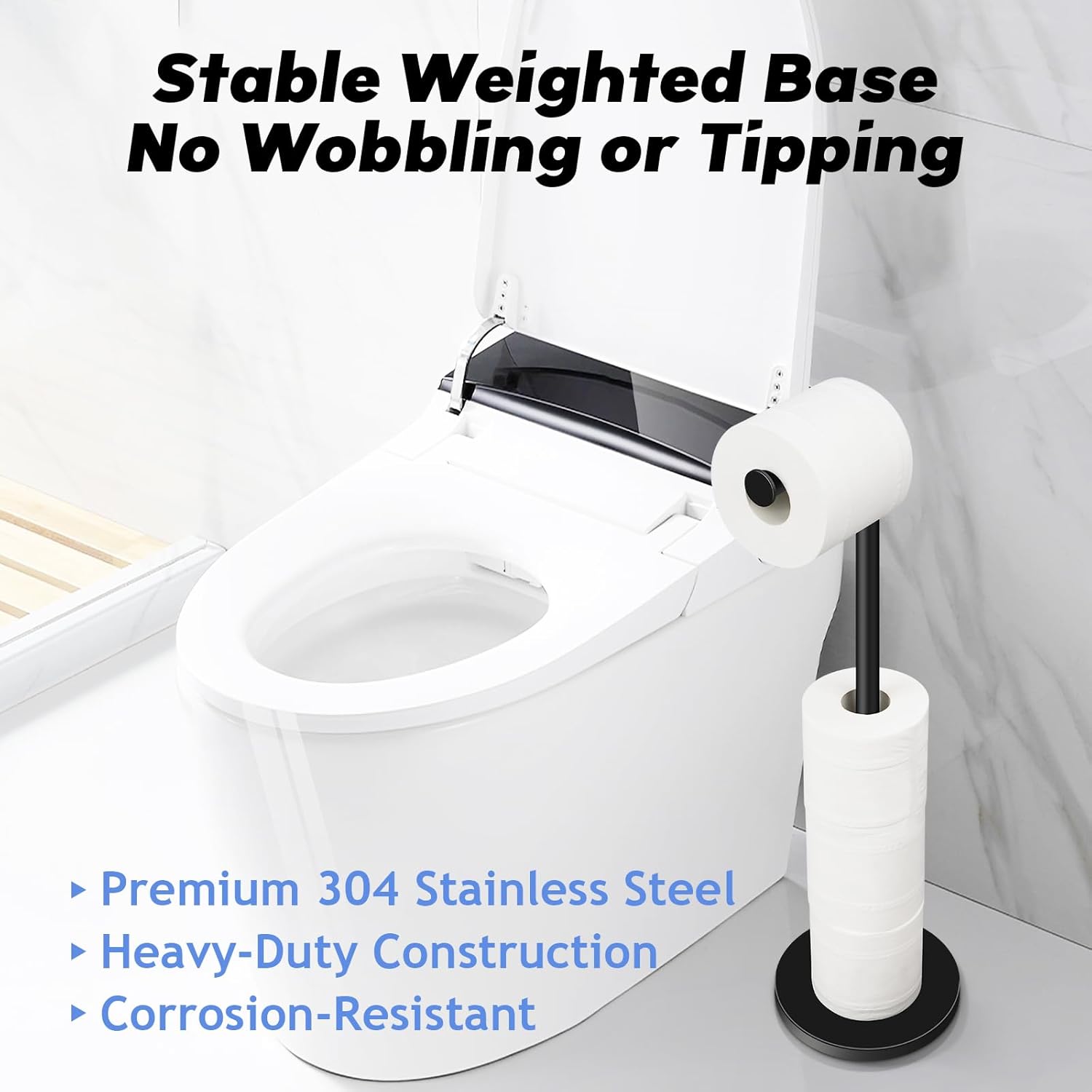 TACGEA Toilet Paper Holder Stand - Stylish Stainless Steel Free Standing Design | Holds 4 Rolls - Black (Set of 2)
