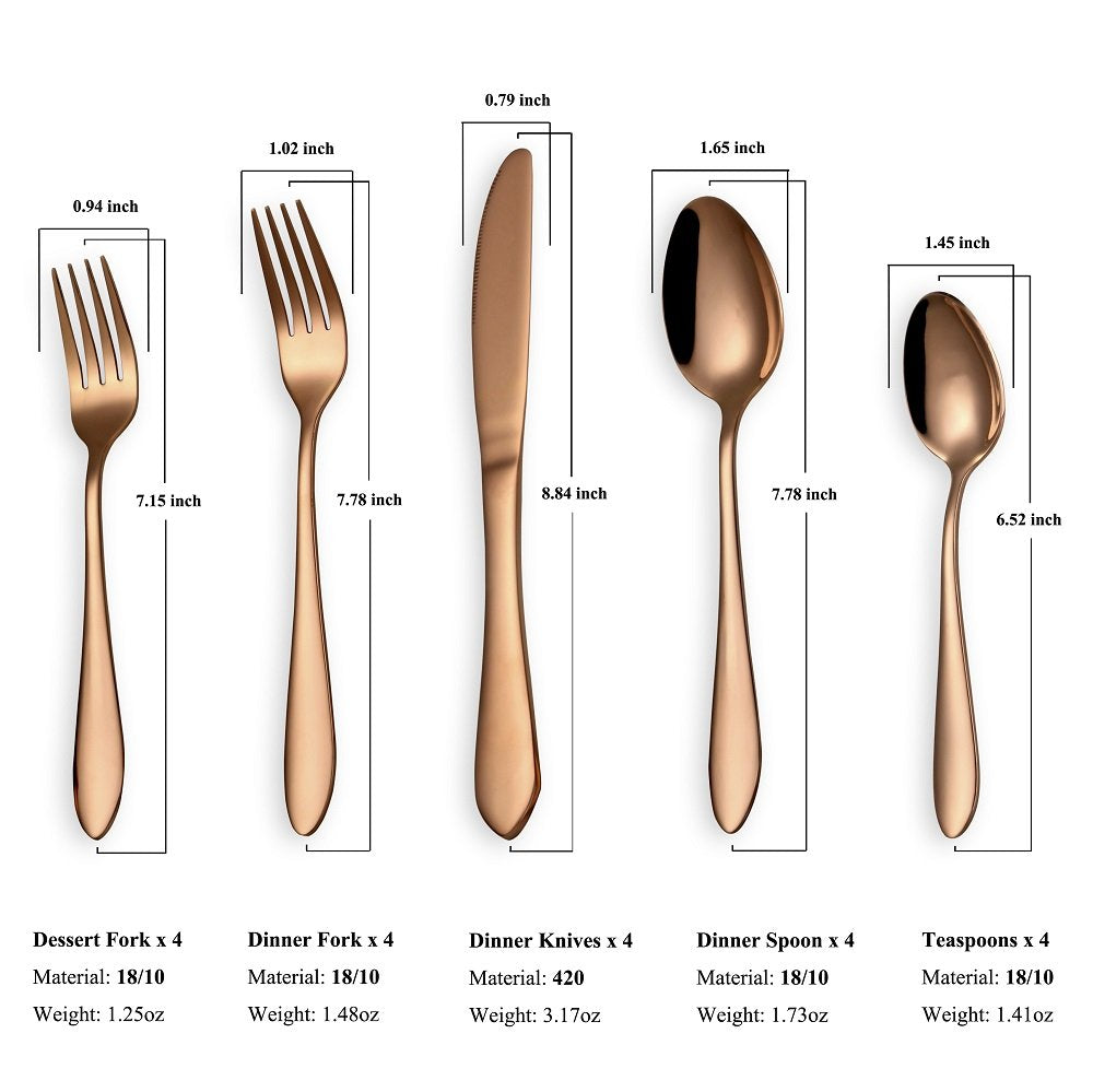 Titanium Rose Gold Plated Stainless Steel Flatware Set 20 Piece, Rose Gold Flatware Set, Copper Silverware Set Service for 4 (Shiny copper)