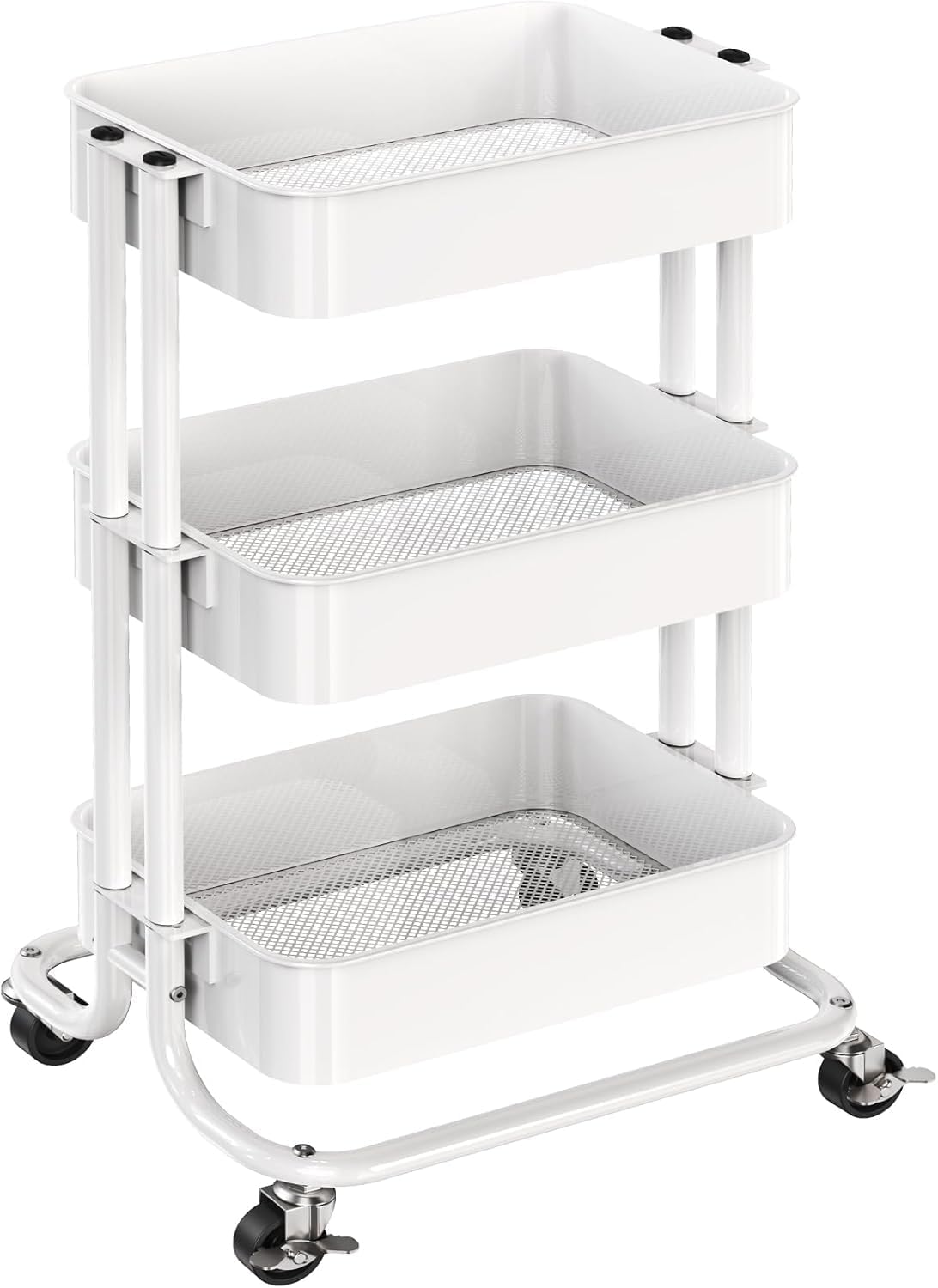 Pipishell 3-Tier Metal Rolling Utility Cart - Heavy-Duty Storage with Lockable Wheels | White