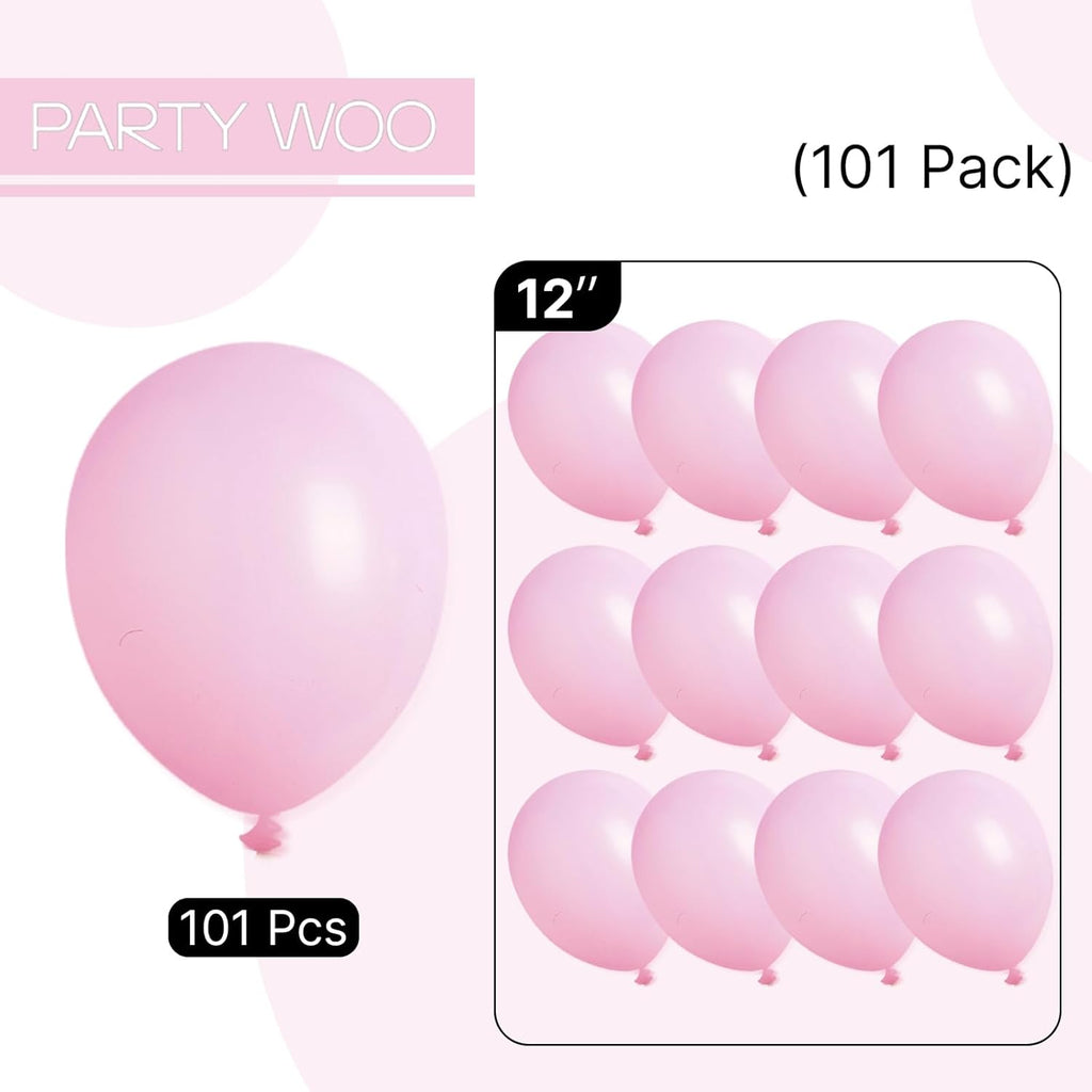 PartyWoo Baby Pink Balloons - 101pcs 12 Inch Pastel Latex Helium Balloons for Baby Showers & Parties
