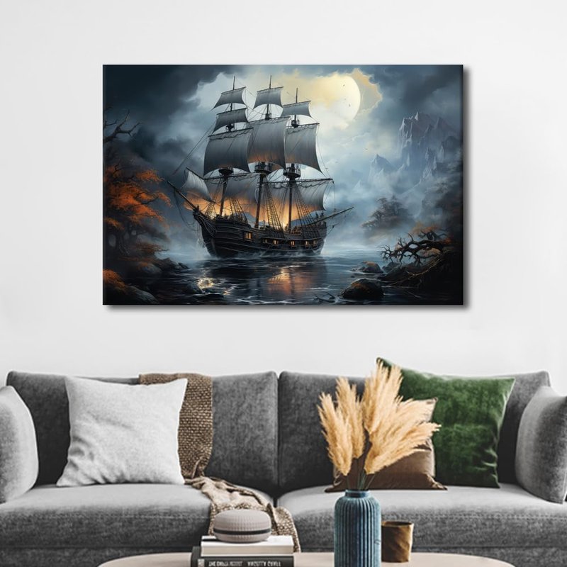 TUMOVO Sailboat Nautical Modern Wall Art Sea Landscape Picture Contemporary Artwork Pirate Ship in the Sea Print On Canvas Bedroom Wall Art Pictures for Living Room Framed Ready to Hang 36x24 in