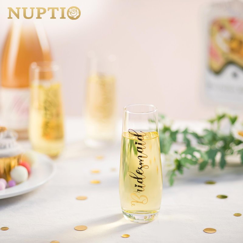 NUPTIO Champagne Glasses Maid of Honor: Stemless Bridal Shower Party Prosecco Flutes Tumbler Wedding Gift Clear Gold Embossed
