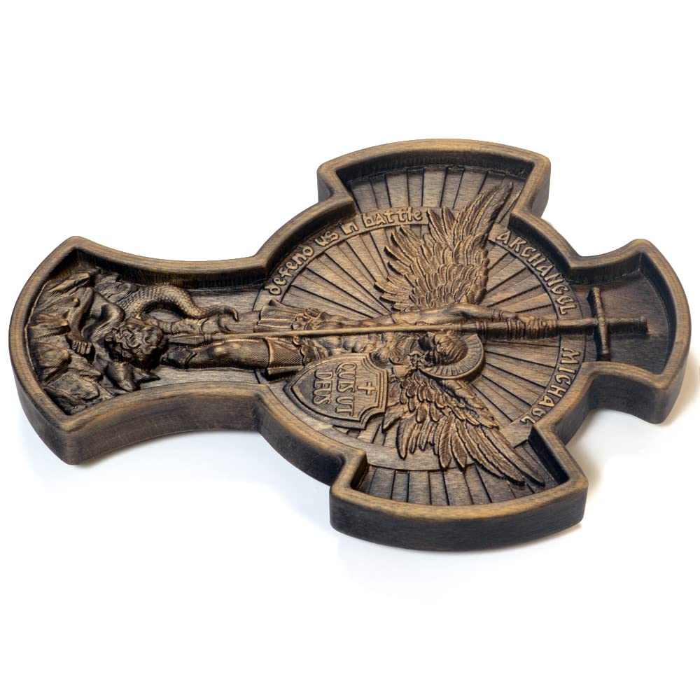 Royal Wooden Collection Wall Cross Keeper Archangel Michael wood carved Hanging Icon. Christian Gift idea for men - Medium Size