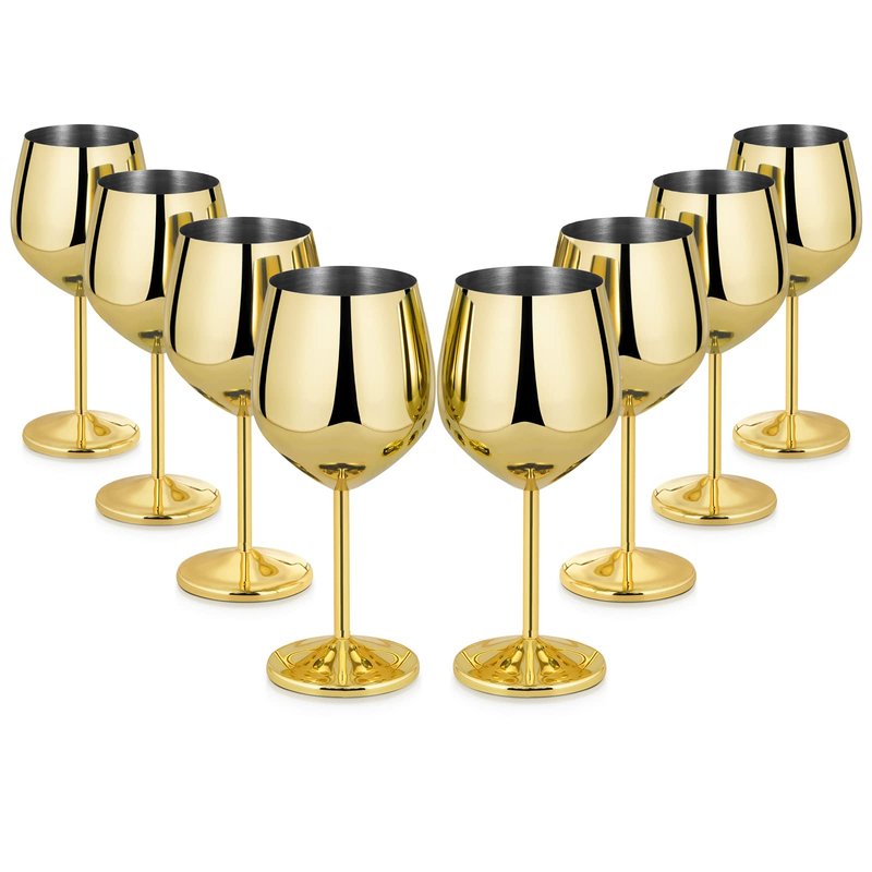 Lifecapido Stainless Steel Wine Glasses Set of 8, 18oz Stainless Steel Wine Goblets, Stemmed Metal Wine Glasses with Cup Brush for Party Office Wedding Anniversary, Great for Red White Wine (Gold)