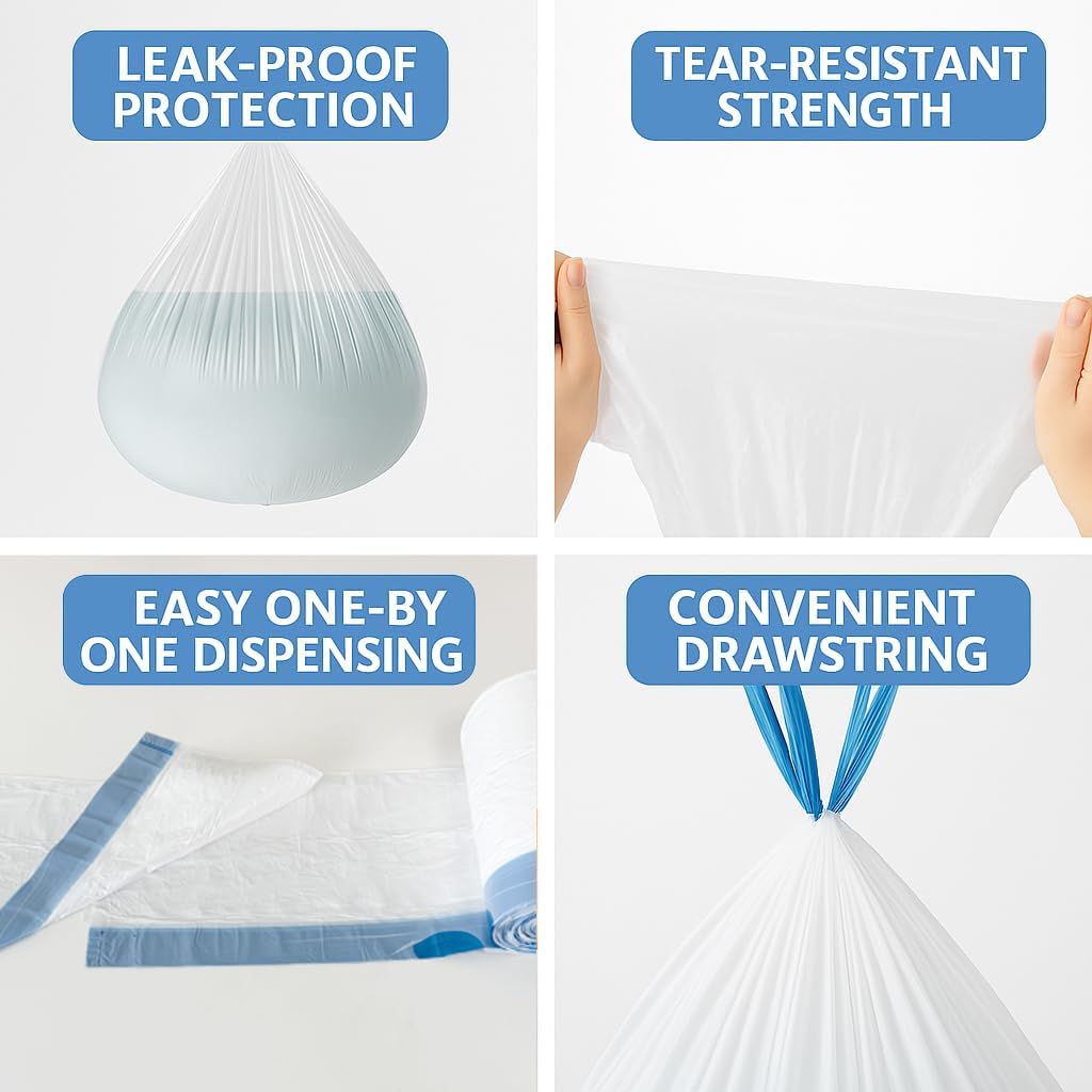 Skiennix 4 Gallon Small Trash Bags - Strong Leak-Proof Drawstring Bin Liners | 100 Pack, White
