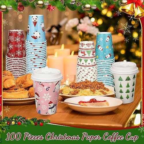 Mifoci 100 Pack Christmas Coffee Cups with Lids 12 oz – Festive Holiday Party Supplies