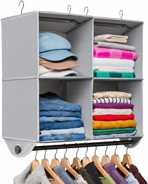 HOLDN’ STORAGE Hanging Closet Organizer - Heavy-Duty 4-Shelf Unit with Garment Rod, Grey