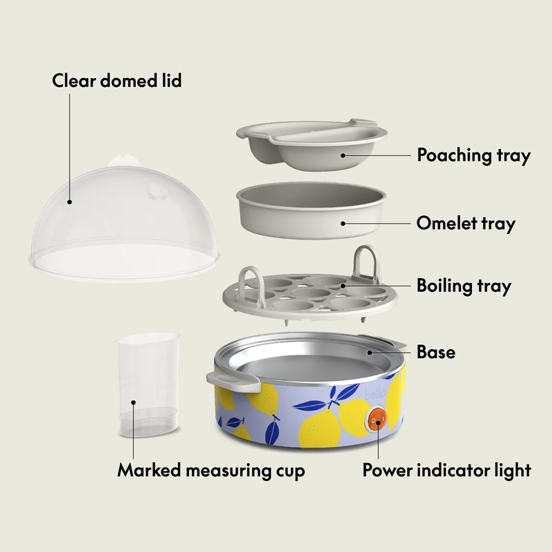 bella Electric Egg Cooker, 7 Eggs Capacity Tray, Single Stack, for Poached, Scrambled, Hard, Medium & Soft Boiled Eggs, Omelets and Steamed Dumplings, Auto Shutoff, 360 Watt, Blue Lemon Drop