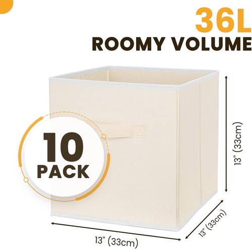 Criusia Large Storage Cubes - 13 Inch Collapsible Storage Bins with Handles for Organizing Clothes, Blankets, Toys | 10 Pack in Beige