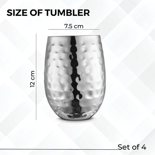 AVADOR Handcrafted Set of 4 Stainless Steel Shatterproof Glass Drinkware Tumbler Hammered Finish 16 Oz. each for Water | Wine | Moscow Mules | Stemless Wine Glass (Stainless Steel Finish)