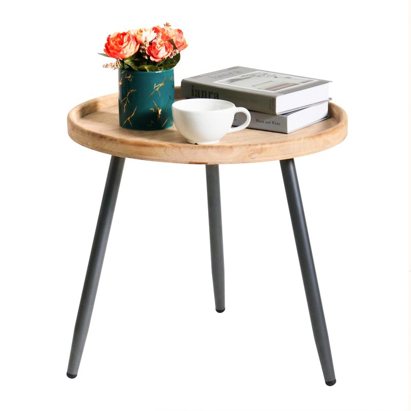 LITA Log Desktop Round Side End Table, Nightstand Tables, Indoor Outdoor Round Side Table, Wooden Tray Table with Black Metal Stand End Table for Living Room Bedroom Office Small Spaces (L)