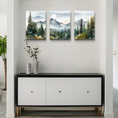 MHARTK66 Wall Art - Modern Abstract Mountain Forest Canvas Prints | 3-Piece Framed Decor for Living Room & Office