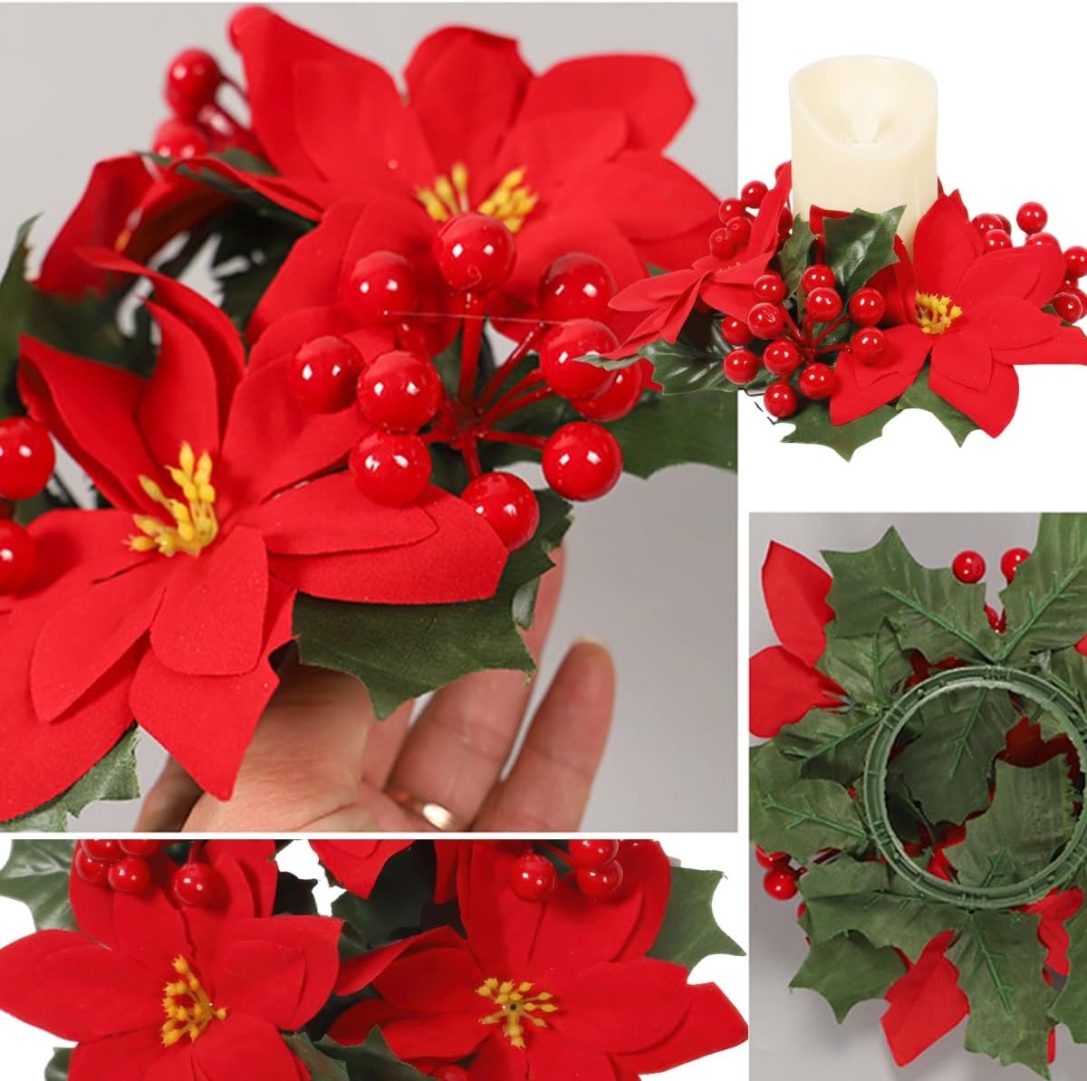Regine Switzerland Christmas Candle Rings - Artificial Poinsettia & Red Berry Decor | Mini Table Centerpieces