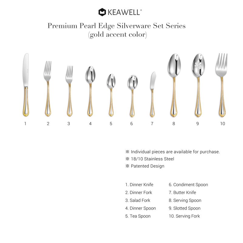 KEAWELL Pearl Edge Premium Serving Spoon Set, 18/10 Stainless Steel, 9" Fine Hostess Utensils with Refined Bead Design, Brightly Polished, Gold Accent, Dishwasher Safe (Hostess Serving Set)