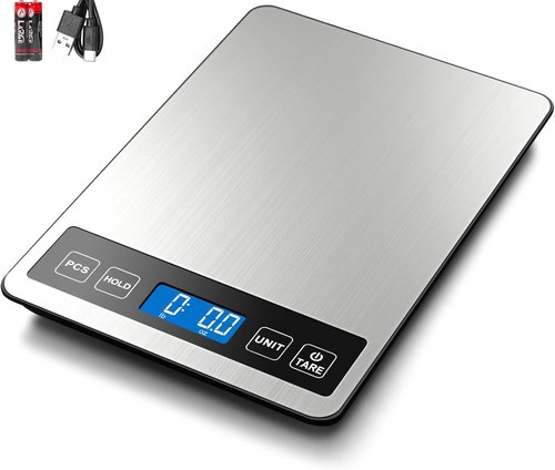 Fuzion Digital Kitchen Scale - 22lb Capacity, Rechargeable, Tare & PCS Functions | Tempered Glass & Stainless Steel