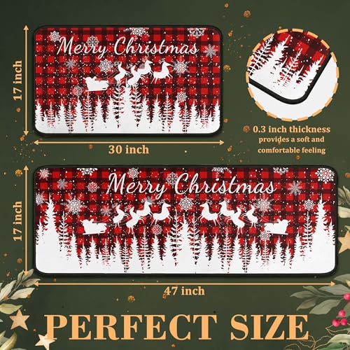 OXIUAZ Buffalo Plaid Xmas Kitchen Rug Set 2 - 17x47" & 17x30" White Snowflake