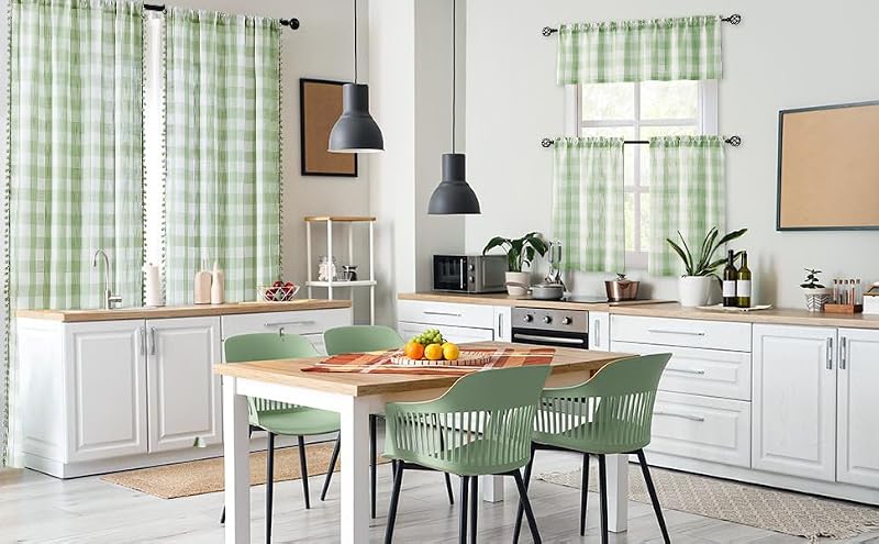 Buffalo Check Semi-Sheer Curtains with Pom Pom Trim - 84 Inch Green & White Drapes (2 Panels)