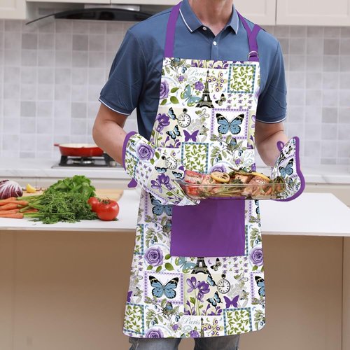 MIJOTEX 5Pcs Set Apron, Oven Mitts and Pot Holders BBQ Gloves with Printed Designs Cooking Gloves for Cooking Baking Grilling (5-Piece Set) (5, Purple Butterfly)