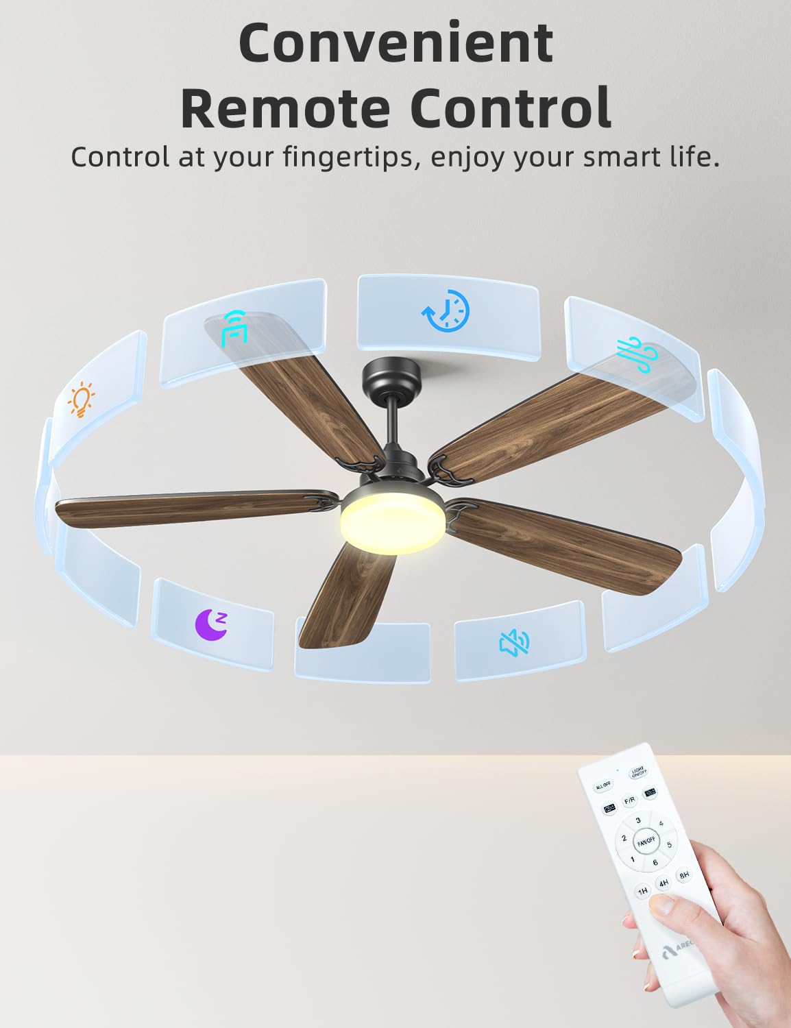 Arecovas Ceiling Fans with Lights and Remote, 52 Inch Modern Ceiling Fan with Light, Downrod & Flush Mount, Quiet DC Motor, Dual Finish 5 Blades Ceiling Fan for Bedroom Living Room Farmhouse Indoor