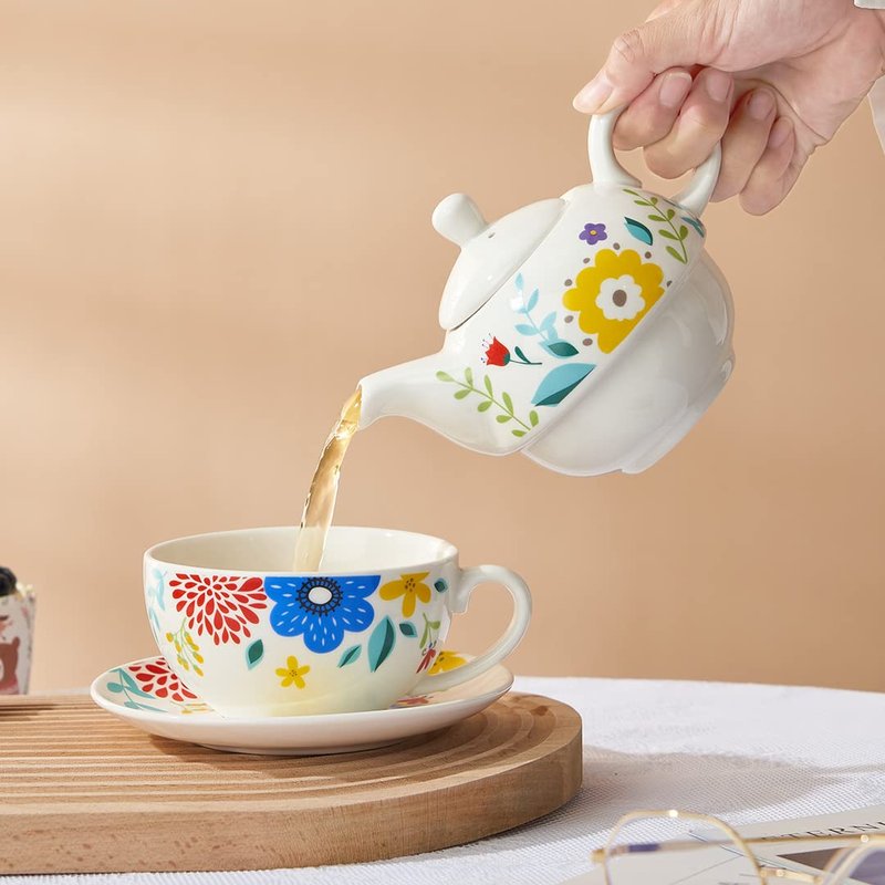 CHILDIKE Tea for One Set, Porcelain Teapot for One and Cup Set, Tea Set for One, Floral Tea Set for Gift, Women, Garden Spring