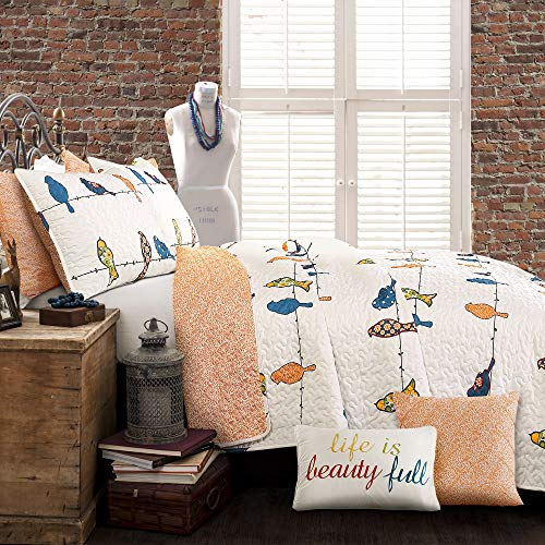 Reversible Floral Bird Quilt Set - 7-Piece Full/Queen Bedding Set with Pillows