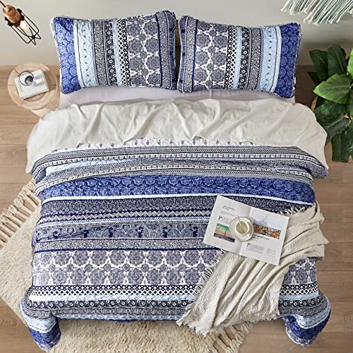 Boho Quilt Set King Size - Blue Bohemian 3-Piece Lightweight Bedspread Coverlet