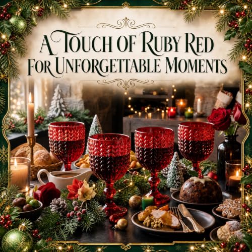 Ferrochef Christmas Red Wine Glasses, Set of 6 - 12 oz Embossed Goblets, Red Variation 6
