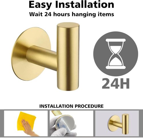 Bntuk Adhesive Hooks - Stainless Steel Waterproof Towel Holders for Bathroom & Kitchen | 2 Pack, Gold