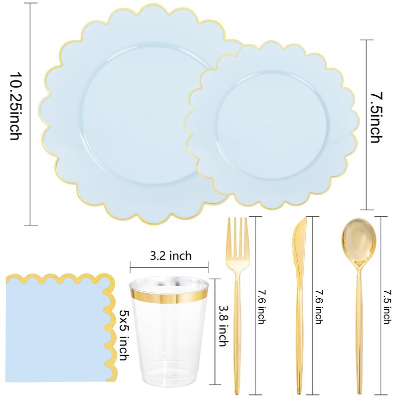 LIYH 210 Pcs Light Blue Plastic Dinnerware Set - Baby Blue Plastic Plates Napkins with Gold Foil Include Bridal Shower Plates Disposable Gold Silverware Napkins Cups for Birthday 30 Guests