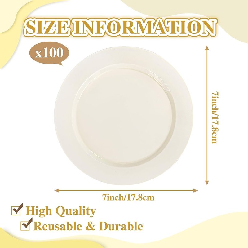I00000 100 Pc Ivory Plastic Plates,7inch Cream Dessert Plates, Elegant Disposable Plate Perfect for Birthday, Wedding, Baby & Bridal Shower or Party (100 Guests)