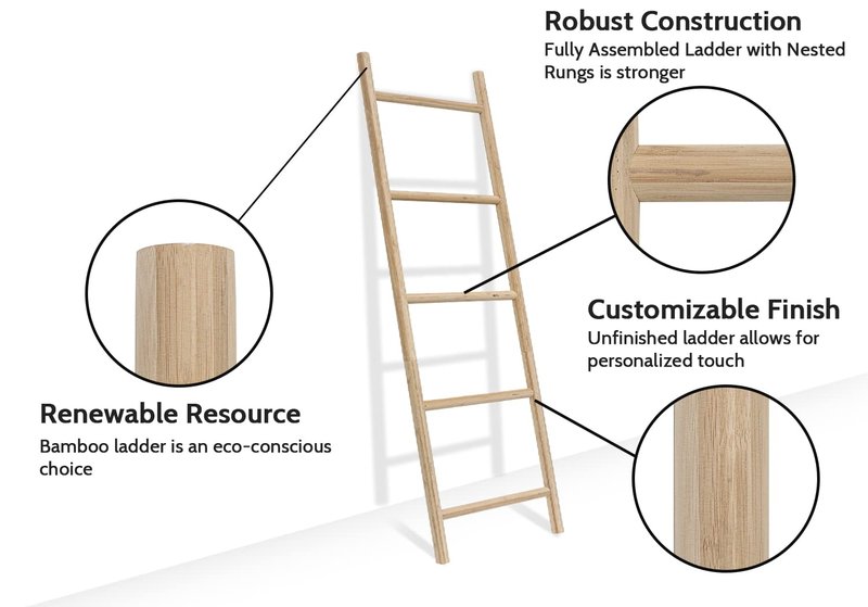 FUIN Fully Assembled 57in Bamboo Blanket Ladders Living Room Wood Decorative Wall Leaning Farmhouse Quilt Display Holder Rustic Wooden Towel Rack for Bathroom, Unfinished