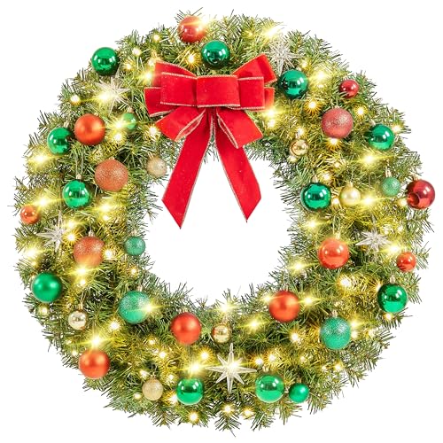 30 Inch Artificial Christmas Wreath with Pre-Lit LED Lights & Red Bow - Holiday Decor