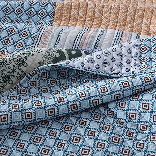 Cotton Bedspread Set - Queen Size Reversible Blue Floral Quilt