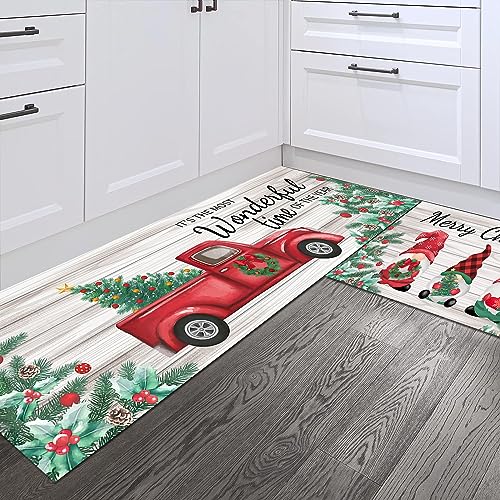 Christmas Kitchen Rugs Set - Non-Slip Holiday Gnome and Truck Floor Mats, 2-Piece