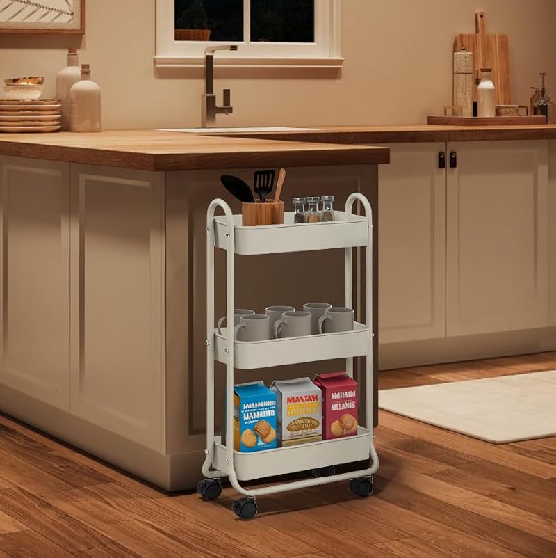 Slim 3-Tier Rolling Storage Cart - Narrow Steel Utility Organizer, White