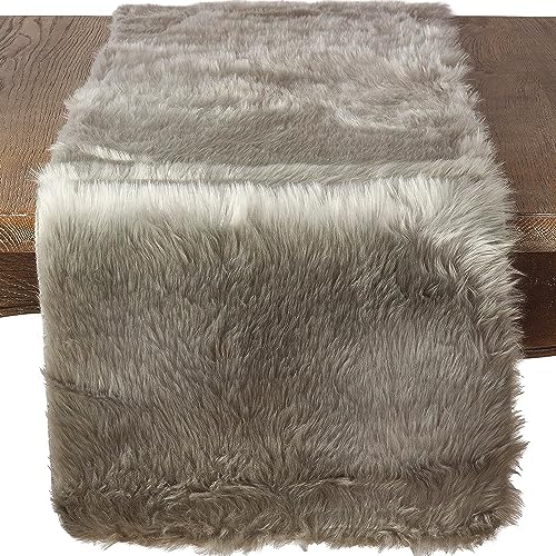 SARO LIFESTYLE Grey Faux Fur Table Runner 15x72 Inch - Elegant Dining Decor