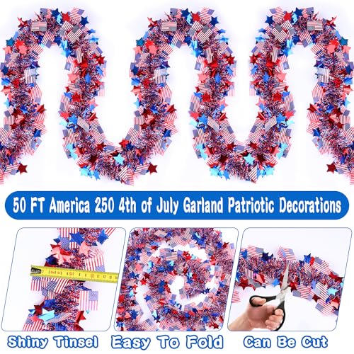 Patriotic Tinsel Garland 50ft - Red White and Blue 4th of July Decor