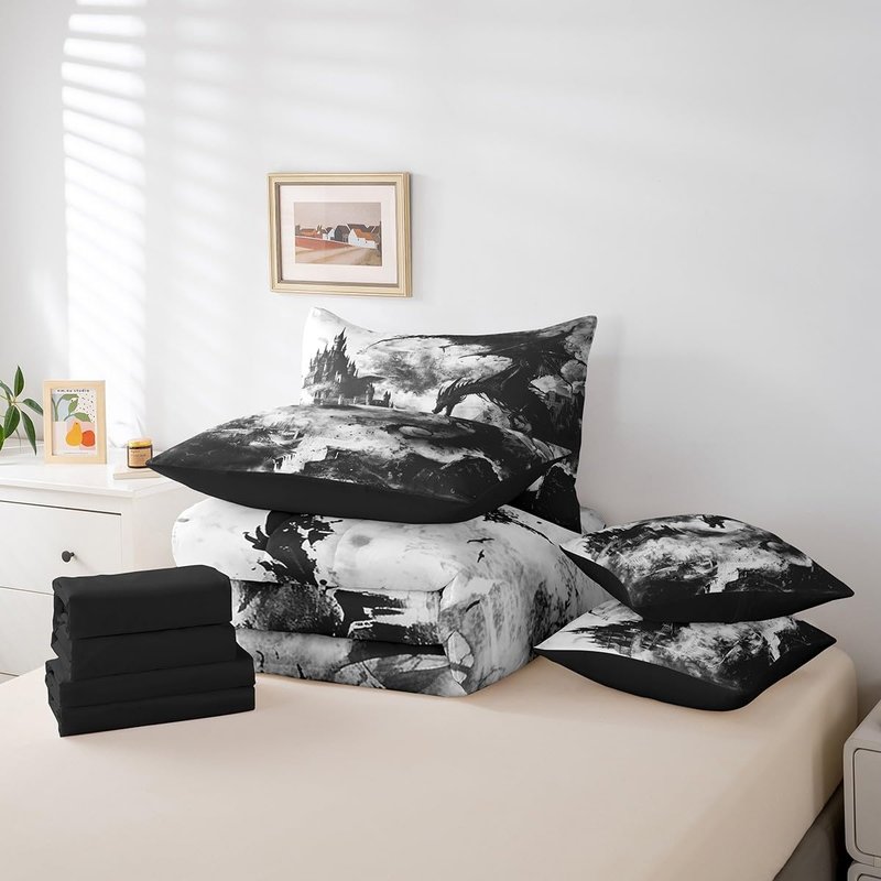 Erosebridal Gothic Dragon Bed in a Bag Queen Comforter Set 7 Piece,Black and White Vintage Fantasy Castle Bedding Sets Dark Sky Mythical Animal Sheet Set with Comforter
