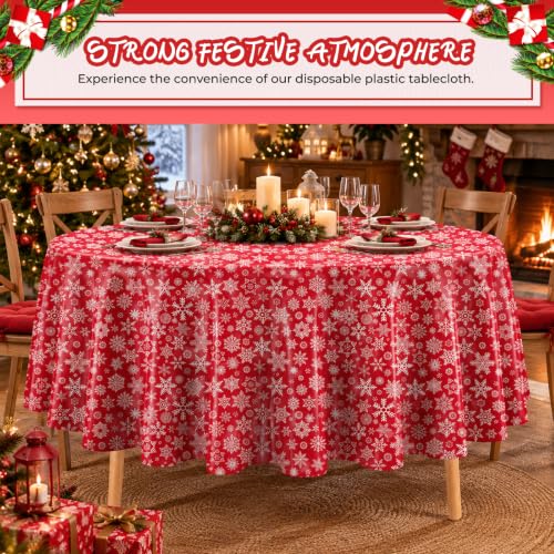 Red Snowflake Disposable Round Plastic Tablecloth 84 Inch - Pack of 10 for Christmas Parties