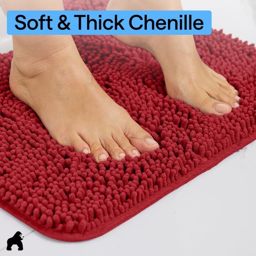 GORILLA GRIP Bath Rug Mat - Soft Absorbent Chenille | Quick Dry Microfiber, 36x24, Red