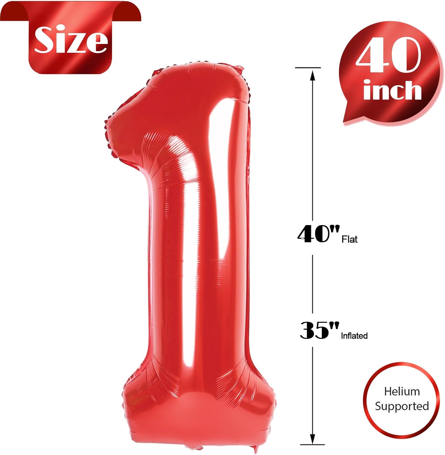 Red Number 1 Balloon - 40 Inch Shiny Red First Birthday Decoration for Boys & Girls