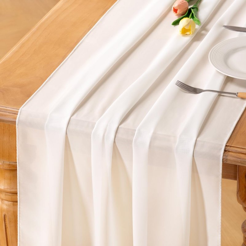Socomi Ivory White Chiffon Table Runner Summer Boho Rustic 14ft 29x170 Inches Wedding Runner Sheer Romantic Bridal Shower Decorations