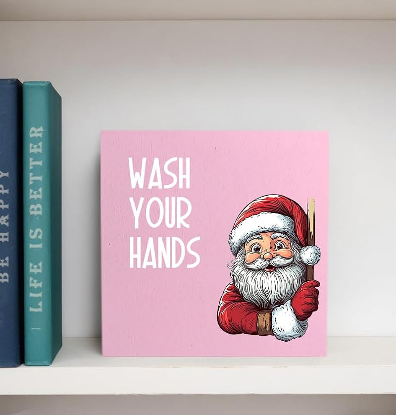 Funny Christmas Santa Bathroom Wood Box Sign – B Sign, 5x5 Pink