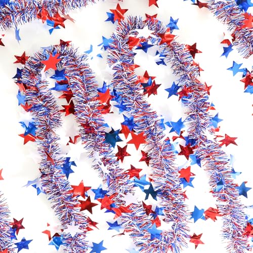 50ft 4th of July Patriotic Star Garland - Red White Blue Metallic Tinsel