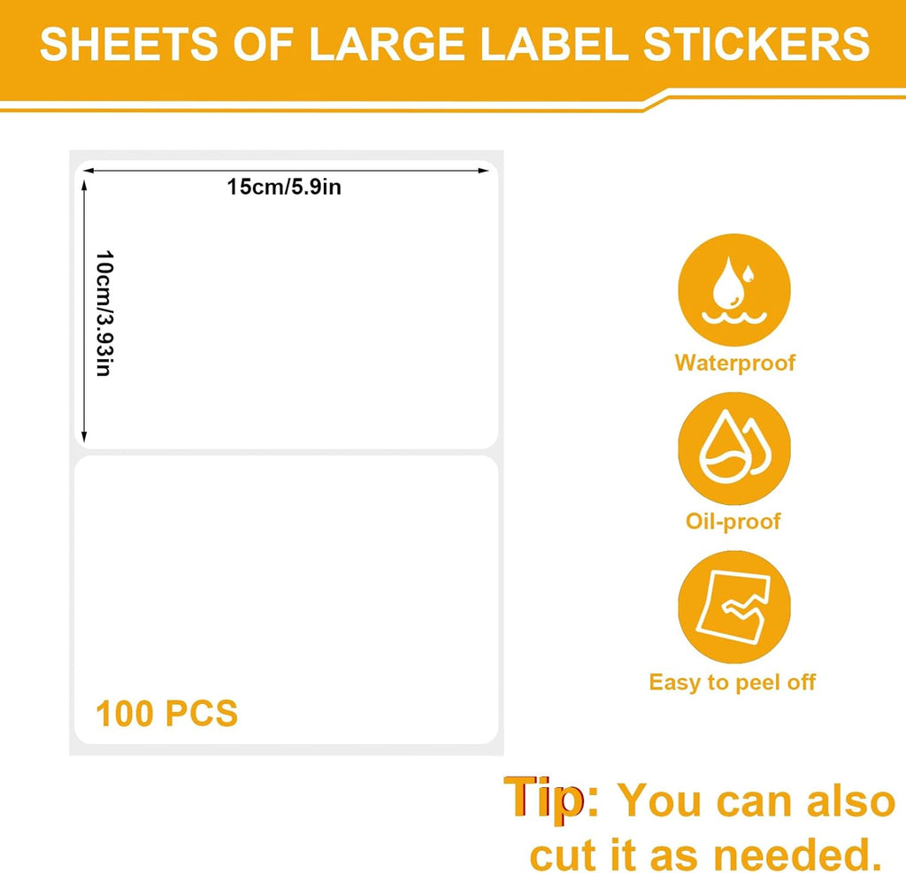 Skiennix 100 Pcs Storage Bin Labels - 6 x 4 Inch Tear-Resistant Adhesive Stickers with Marker