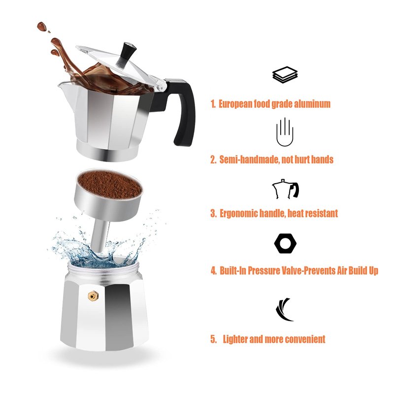 MVPLUE Classic Stovetop Espresso Maker 6 Cup ，Moka Pot Aluminum Silver，Perfect Cuban Coffee Maker， Make Delicious Coffee Easily at Home And Camping