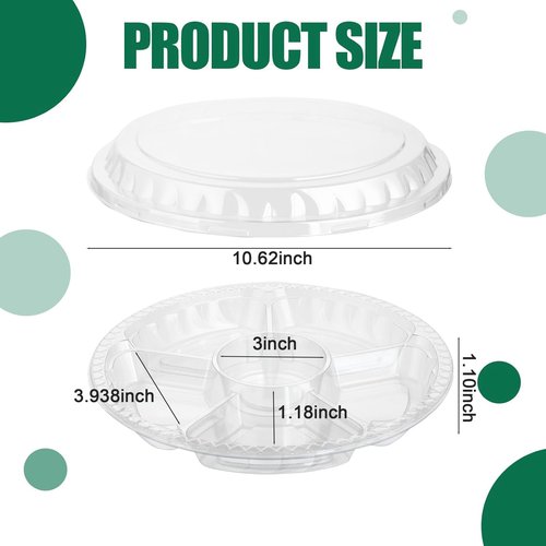 30 Pack Fruit Trays for Serving for Party, 6 Divided Compartment Disposable Party Platters for Vegetable Fruit Snack Nut, Plastic Veggie Tray with Lid for Buffet Catering（10.4 Inch） (Clear)