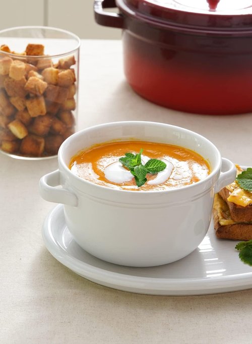 LE TAUCI Soup Bowls - 28 oz Ceramic Crocks With Handles | Oven & Microwave Safe - Set of 4, White