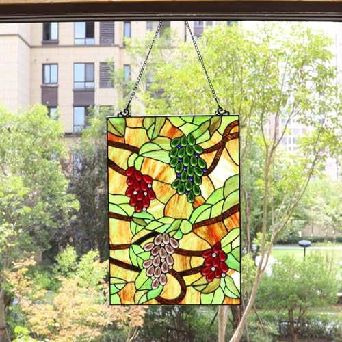 Grape Tiffany Style Stained Glass Window Panel - Handmade 13.5 x 19.5 Inches